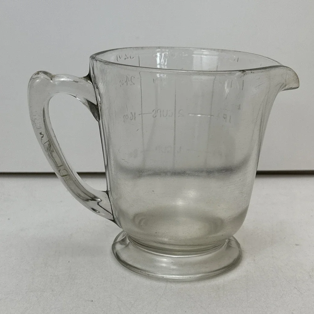 Vintage 1923 A & J Hand Mixer Egg Beater Wood Handle w/ Glass Measuring 4 Cups